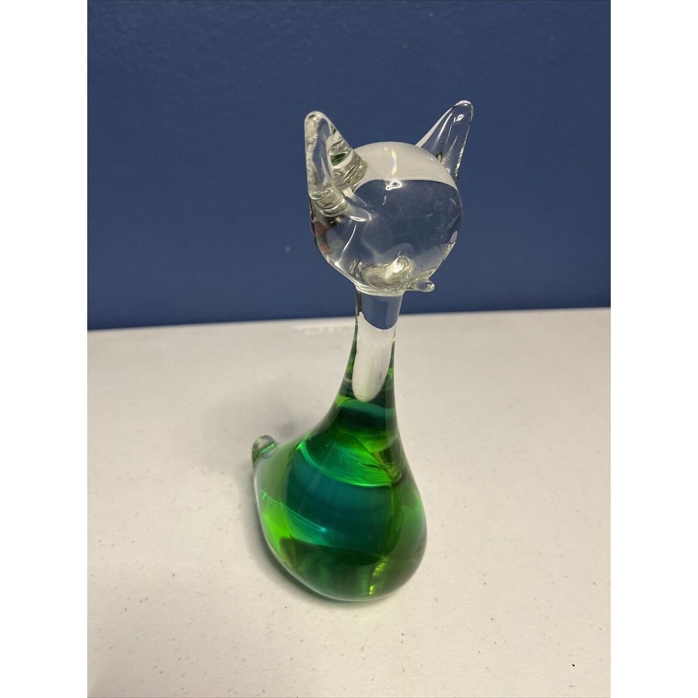 FM Konstglas Sweden Art Green Clear Glass Cat Vintage 8"